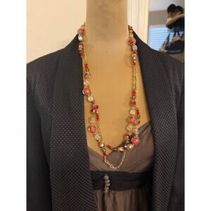 Vintage Beaded necklace red,green and opalescent costume jewelry